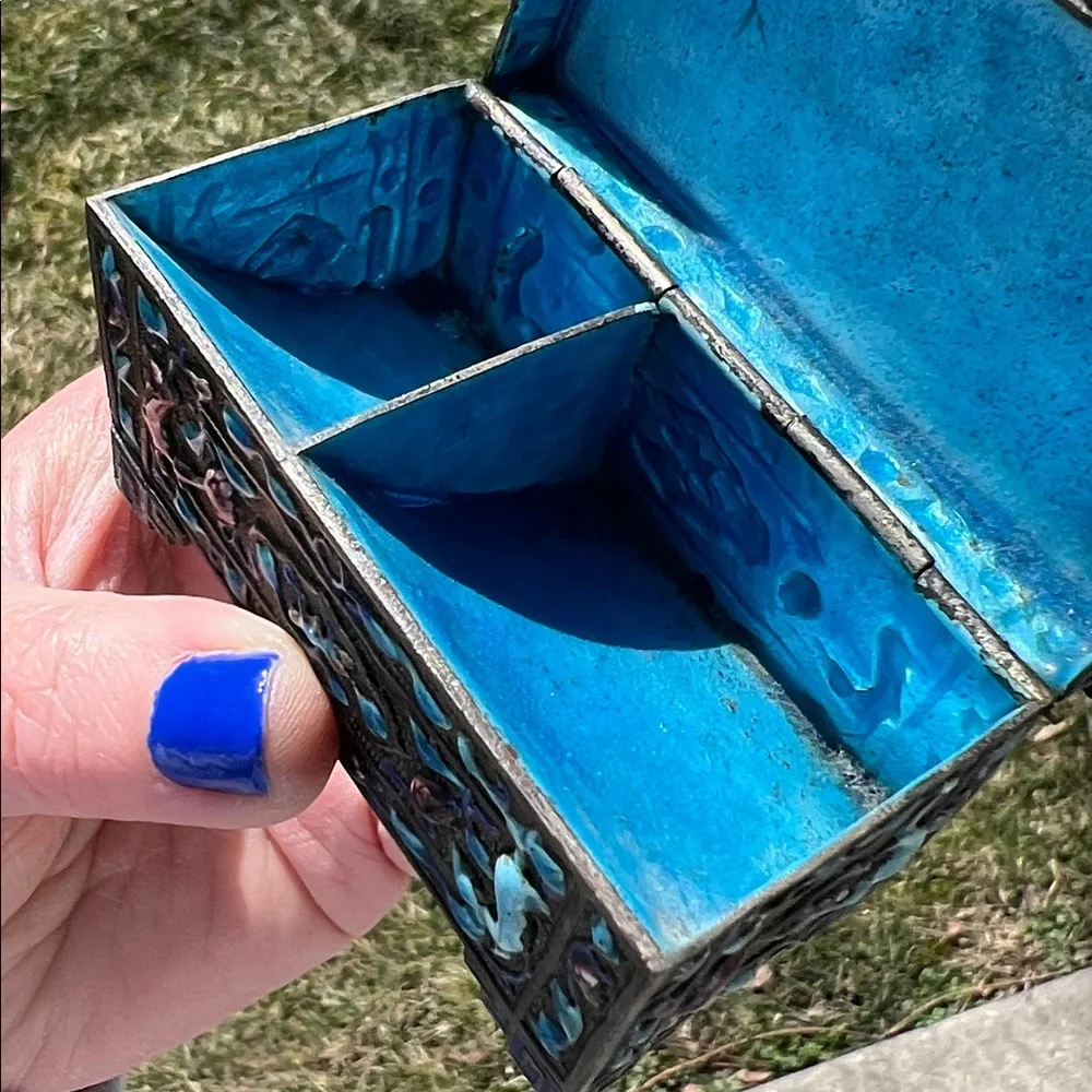 Antique Chinese Silver Plated Blue Purple Enamel Stamp Box Trinket Box - Picture 11 of 17